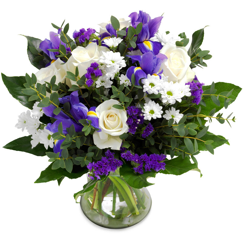 Großer Strauß mit blauen Lilien & weißen Rosen